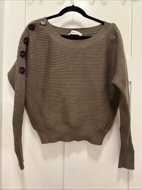 Zara Ribbed Button-Shoulder Sweater in Olive Brown